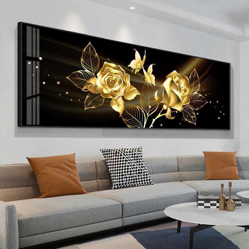 Black Golden Rose Flower Butterfly Abstract Wall Art Canvas Painting Poster Print Horizonta Picture for Living bedRoom Decor