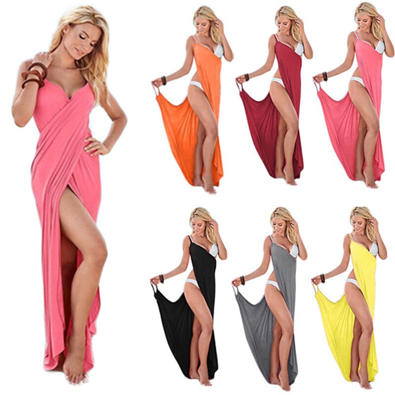 S-5XL Multi Colors Women Sexy V Neck Spaghetti Strap Maxi Long Dress Summer Backless Cover Ups Wrap Beach Dress Plus Size