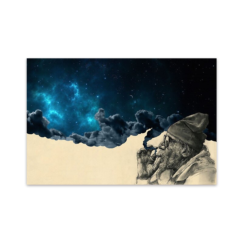 Smoking Old Man Abstract Canvas Painting Starry Night Landscape Wall Art Print Poster Decorative Picture Modern Home Decor