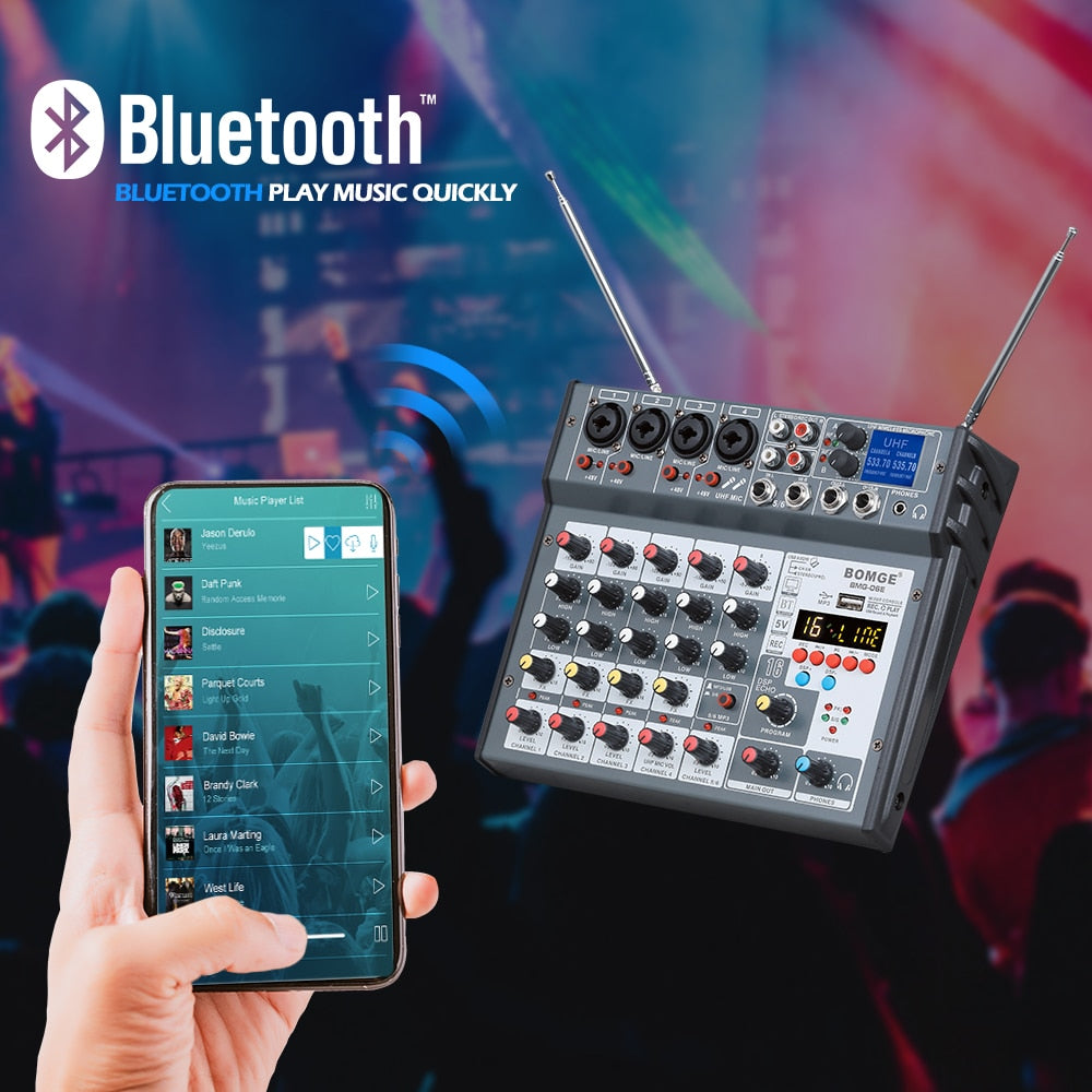 6 Channel Audio Mixer Mixing Console Built-in Microphone UHF Wireless Mics Bluetooth USB 16 DSP Effect For DJ Karaoke PC Record