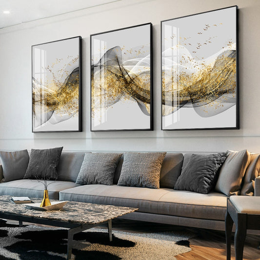 Golden Abstract Ribbon Landscape Wall Decorations Poster For Bedroom Living Room Flying Birds Minimalist Canvas Painting