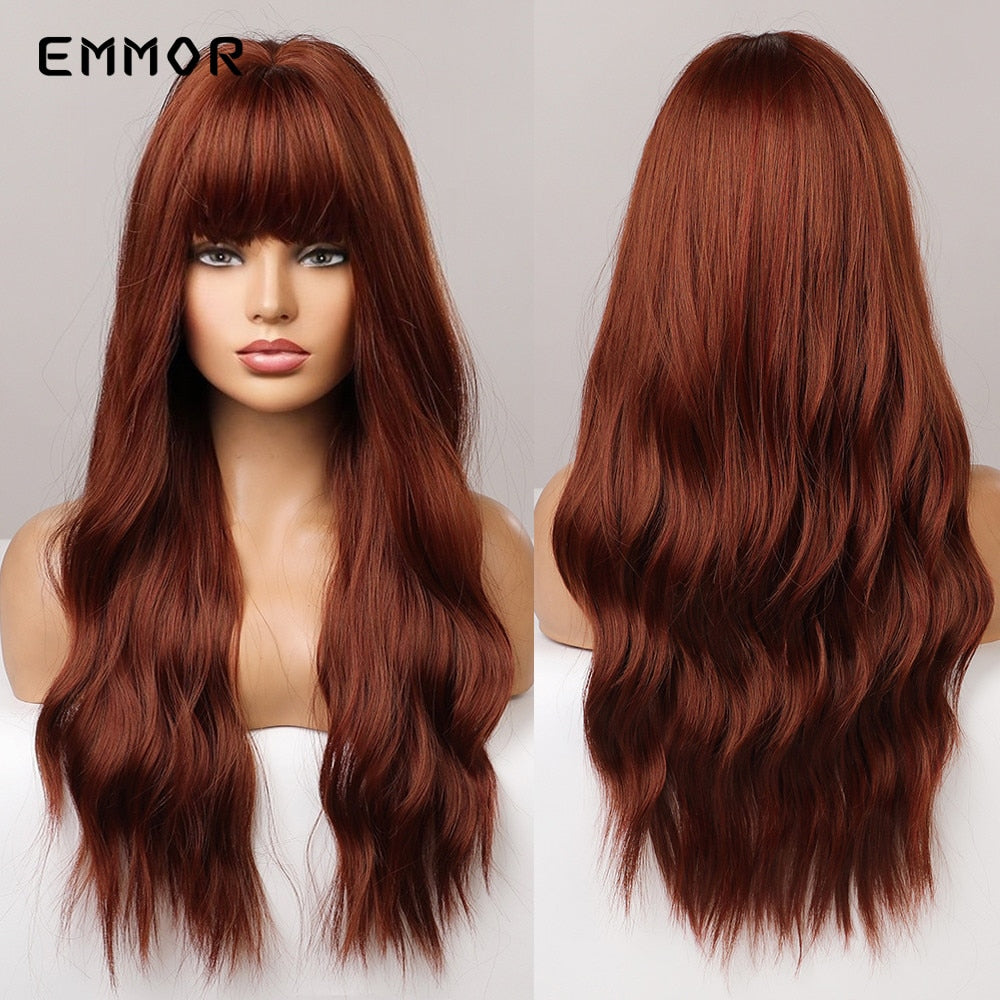 Emmor Synthetic Ombre brown to Light Blonde Hair Wig with Bangs Natural Wavy Wig for Women Cosplay Heat Resistant Fiber Wigs