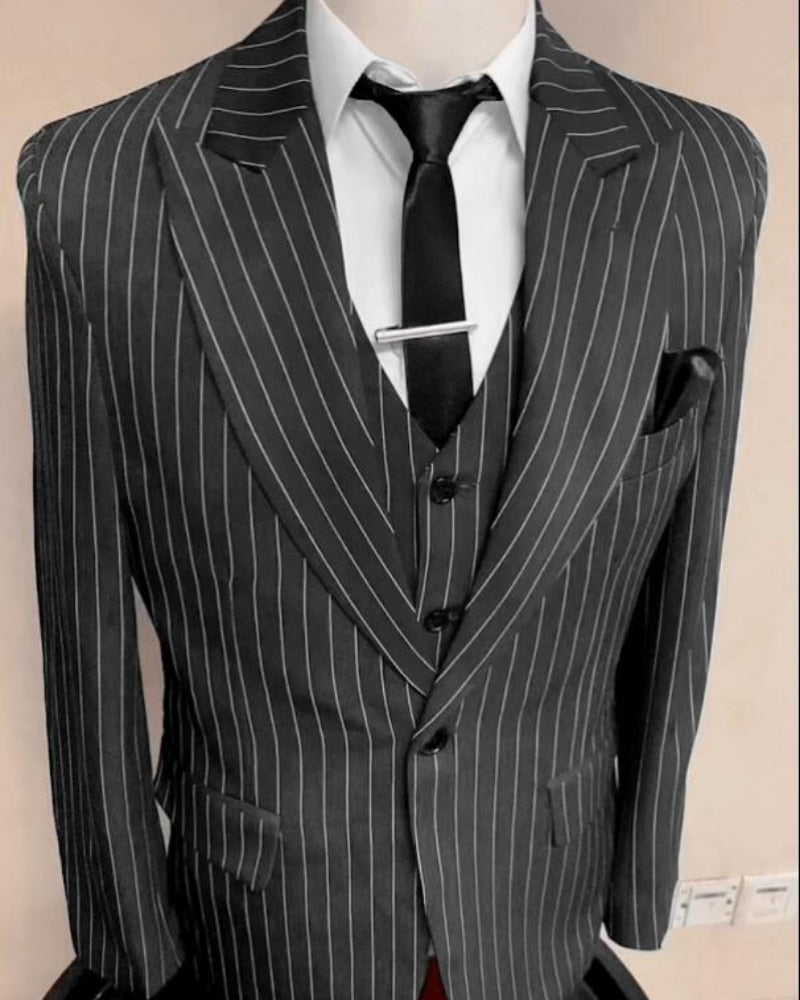 2021 Men&#39;s Suits Stripe Men&#39;s Blazer Wedding Male Groom Tuxedos Suit with Pants 3 Pieces (Jacket+Pants+Vest) Costume Homme