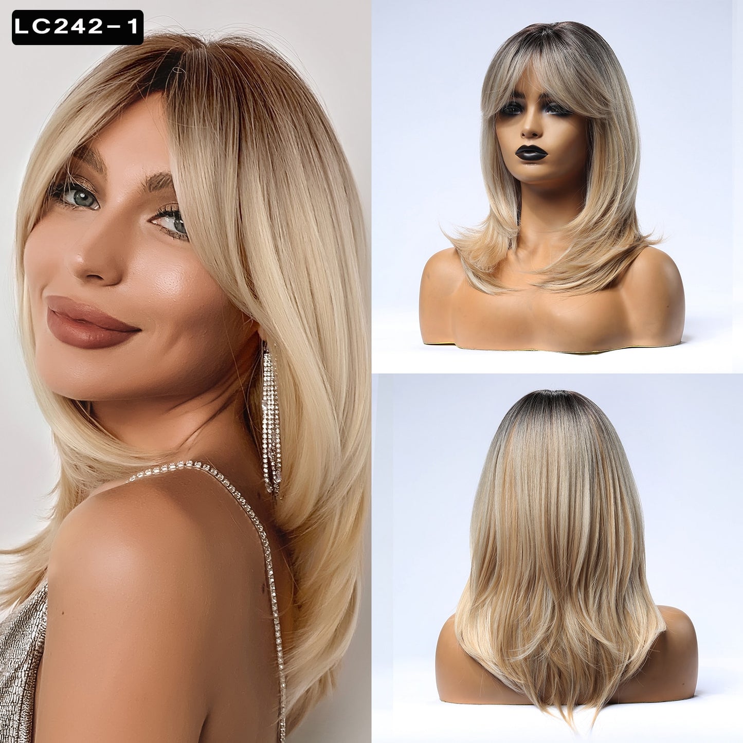 Element Synthetic Fiber Wigs for Women Long Straight Wavy Brown Blonde Wig with Bangs Heat Resistant Fashion Natural Daily Party