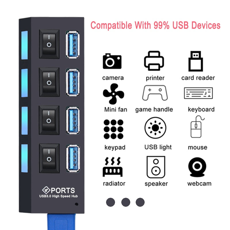 USB Hub 3.0 Hub USB 3 USB 2.0 Multi USB Splitter Power Adapter 4/7 Port Multiple Expander 2.0 with Switch for PC Accessories