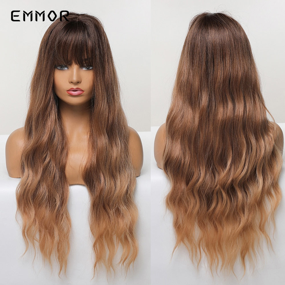 Emmor Synthetic Ombre brown to Light Blonde Hair Wig with Bangs Natural Wavy Wig for Women Cosplay Heat Resistant Fiber Wigs