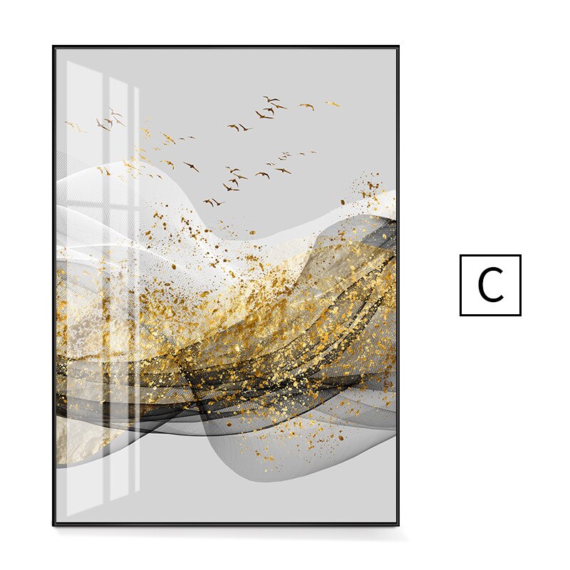 Golden Abstract Ribbon Landscape Wall Decorations Poster For Bedroom Living Room Flying Birds Minimalist Canvas Painting