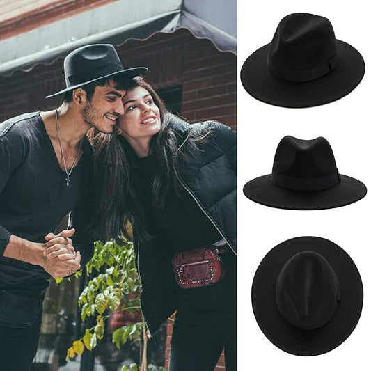 Free shipping black fedora hat unisex wide brim jazz top hat autumn winter classic elegant Panama hat gentleman hat wholesale