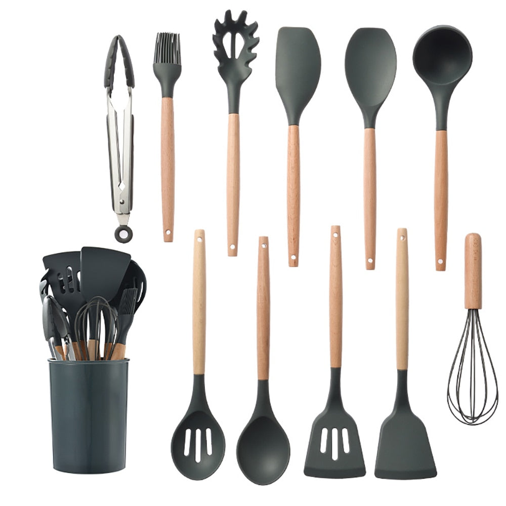 Silicone Kitchenware Cooking Utensils Set Non-stick Cookware Spatula Shovel Egg Beaters Wooden Handle Kitchen Cooking Tool Set