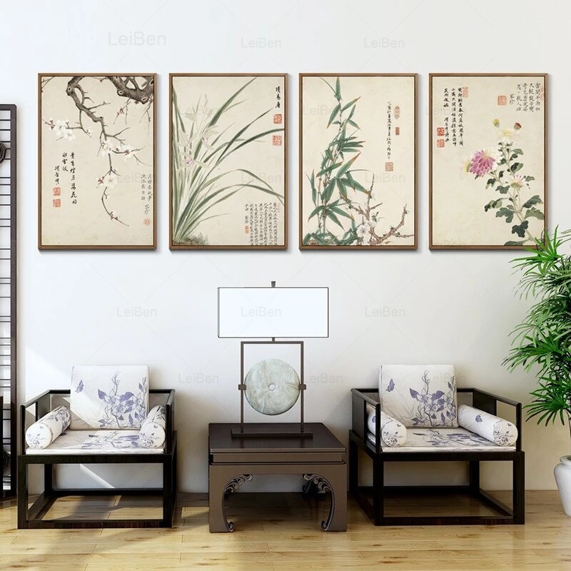 Vintage Chinese Style Meilan Bamboo And Letter Poster Print Canvas Painting Wall Art Pictures for Living Room Home Cuadros Decor