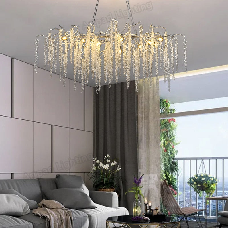 French Style Crystal Long Ceiling Chandelier Aluminum Simple Branch Dining Room Lamp Luxury Round Romantic Tassel Chandelier
