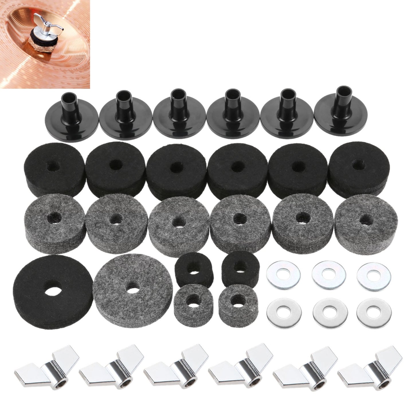 Cymbal Felts Hi-Hat Clutch Felt Hi Hat Cup Felt Cymbal Stand Sleeves with Base Wing Nuts and Cymbal Washer for Drum Set of 18Pcs