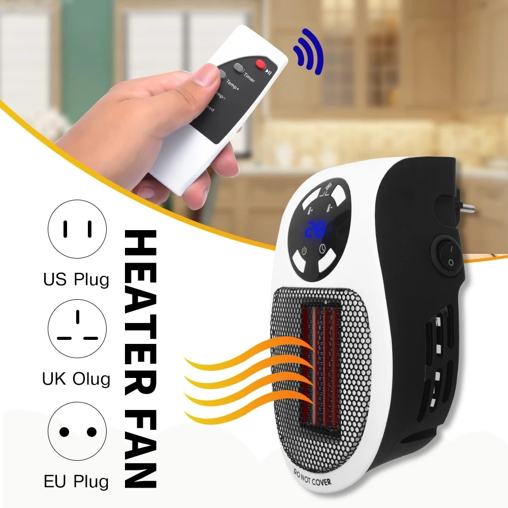 Electric Heater 220V/110V Mini Plug in Wall Indoor Air Heating Stove Winter Household Remote Control Warmer Blower Machine 500W