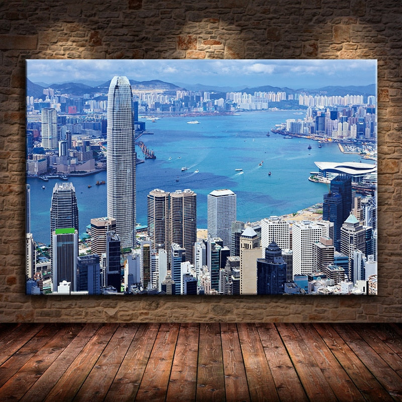 Canvas Paint World City Landscape Prints,Hong Kong ,Building,Gulf,Nordic Style Wall Poster,For Living Room Home Decor Unframed