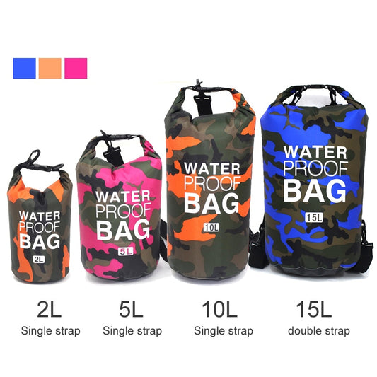 2/5/10/15L Outdoor Camouflage Waterproof Portable Rafting Diving Dry Bag Sack PVC Coated Swimming Bags for River Trekking