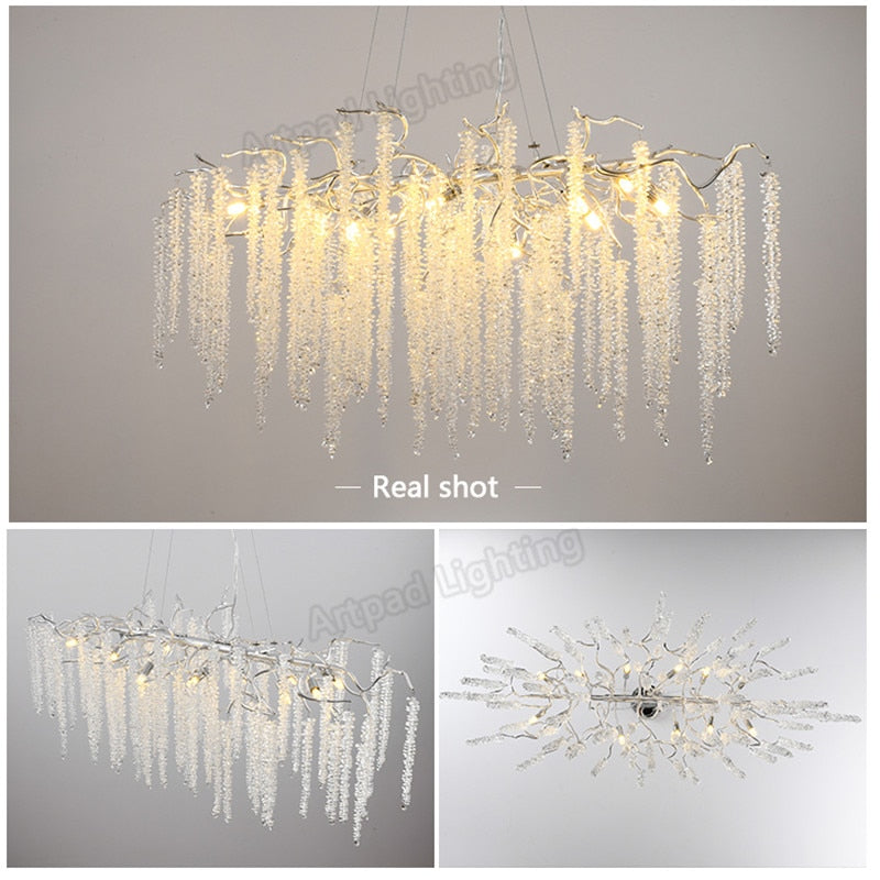 French Style Crystal Long Ceiling Chandelier Aluminum Simple Branch Dining Room Lamp Luxury Round Romantic Tassel Chandelier