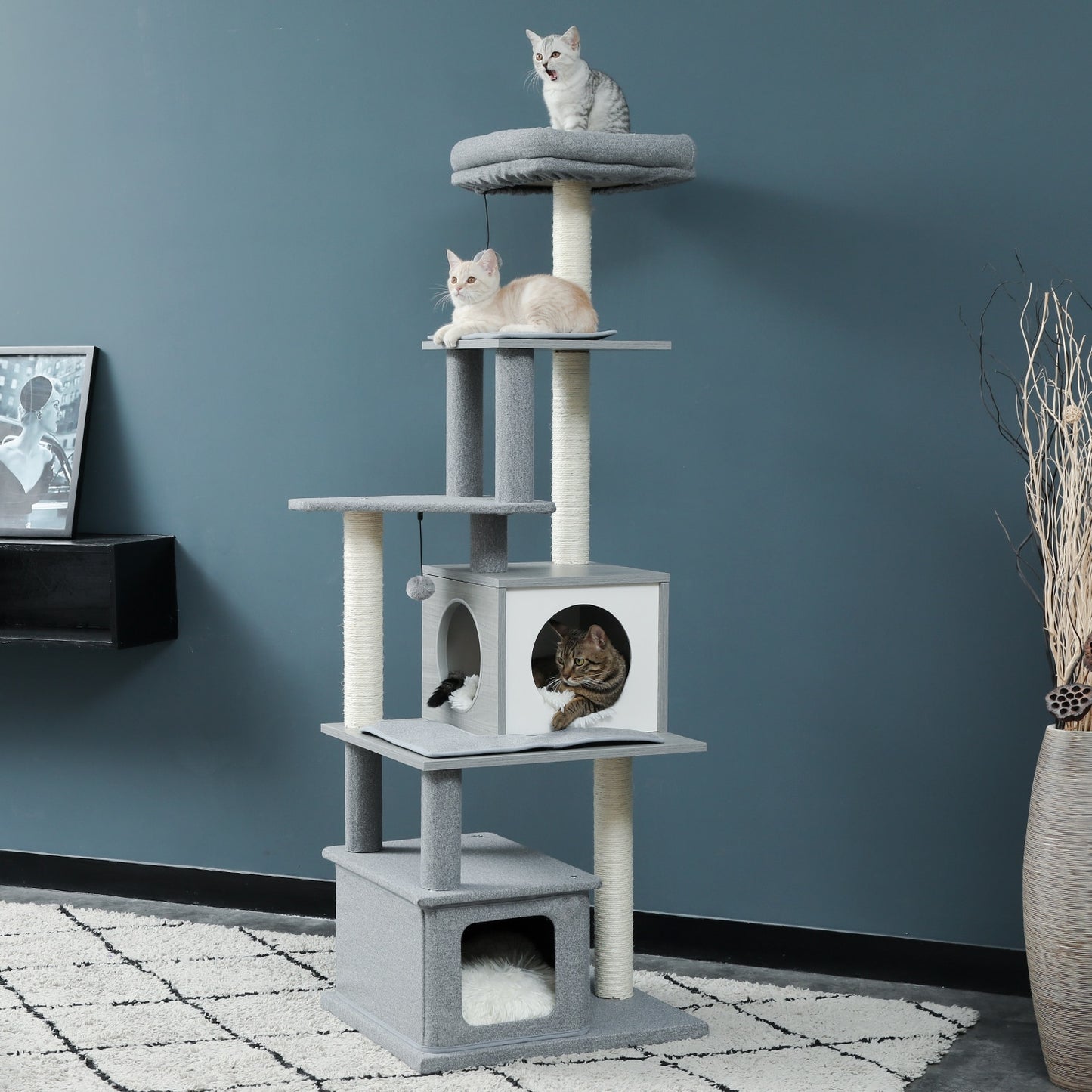 Luxury Cat Tree Tower with Cabinet Wood Adjustable Height Floor-to-Ceiling Vertical Cat Tree Post Toy rascador gato arbre à chat