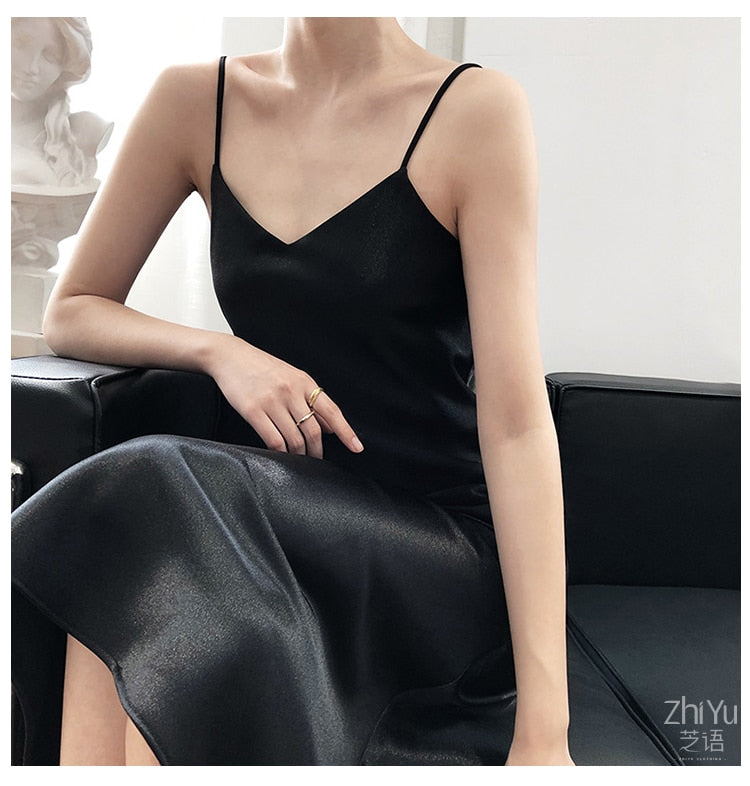 Summer Dresses Women 2022 Satin Silk Black Dress Solid Pajamas Lace Long Skirt Plus Size Girl Casual Dresses