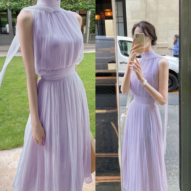 Summer Elegant Women&#39;s Long Dress Gentle High Collar Sleeveless Solid Chiffion Midi Dress Fashion Sexy Korea Sundress Plus Size