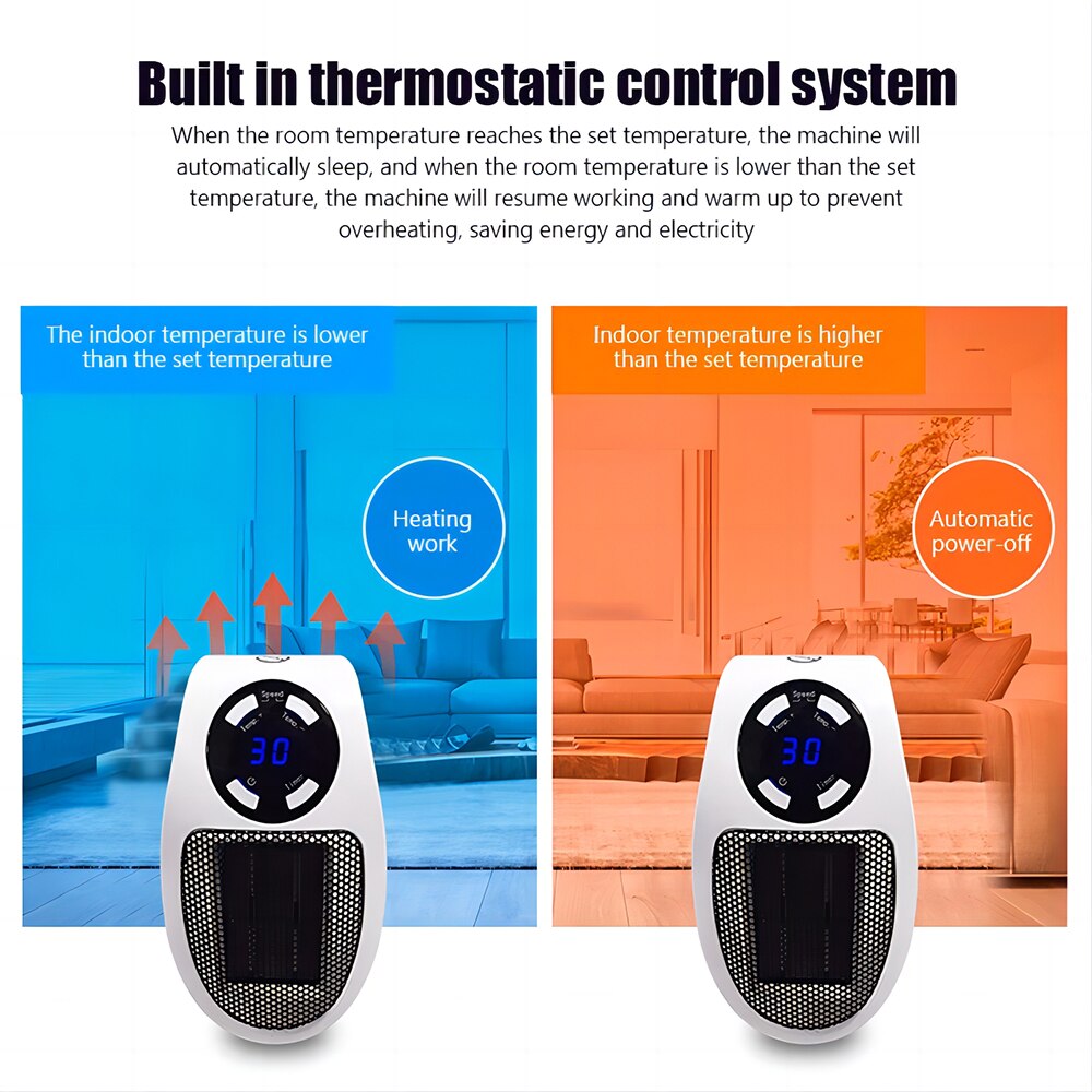 Electric Heater 220V/110V Mini Plug in Wall Indoor Air Heating Stove Winter Household Remote Control Warmer Blower Machine 500W