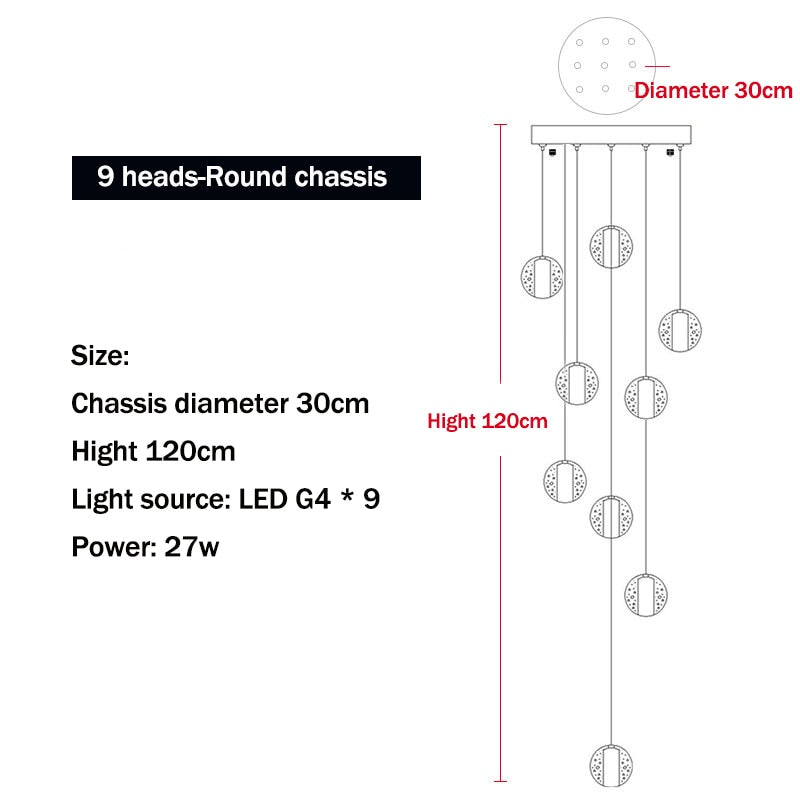 Modern LED Crystal Chandelier G4 Ball Light for Staircase Living Room Decoration Kitchen Bedroom Suspension Pendant Hanging Lamp