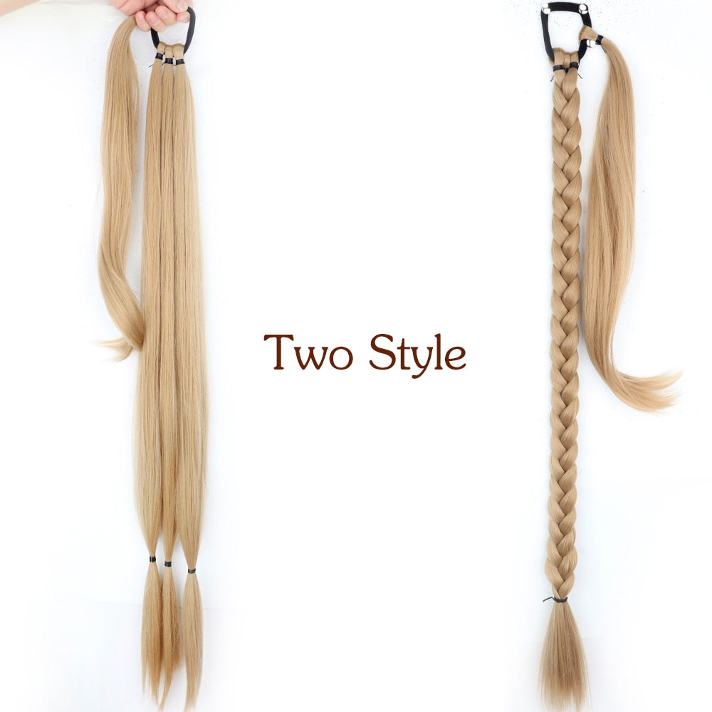 34inches Synthetic Long Braided Ponytail Hair Extensions for Women Black Brown Pony Tail with Hair Rope High Temperature Fiber