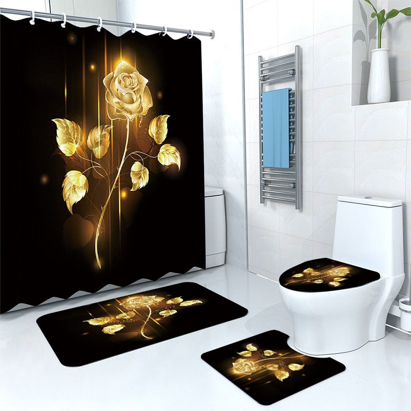 Blooming Flowers Rose Butterfly Shower Curtain Set Waterproof Bathroom Toilet Seat Cover Bath Non-Slip Mat Rug Carpet Bath Decor