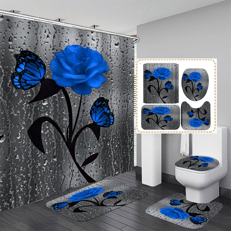 Blooming Flowers Rose Butterfly Shower Curtain Set Waterproof Bathroom Toilet Seat Cover Bath Non-Slip Mat Rug Carpet Bath Decor