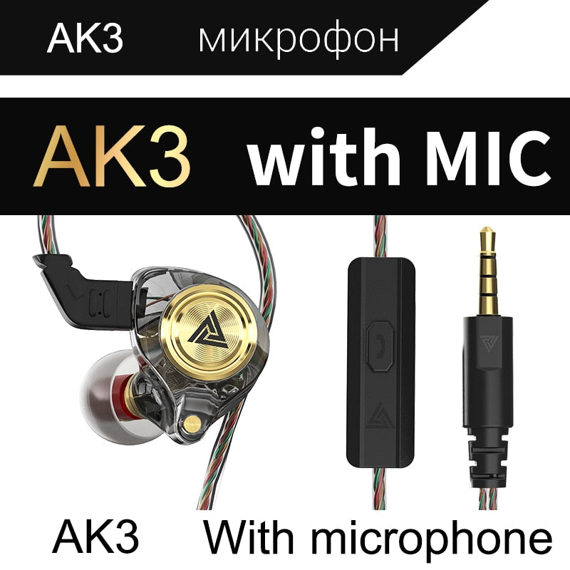 QKZ AK3 FiLe Wired Earphone with Microphone HiFi Music Monitor Bass Headphones Noise Cancelling Headset for Sport Gaming Earbuds