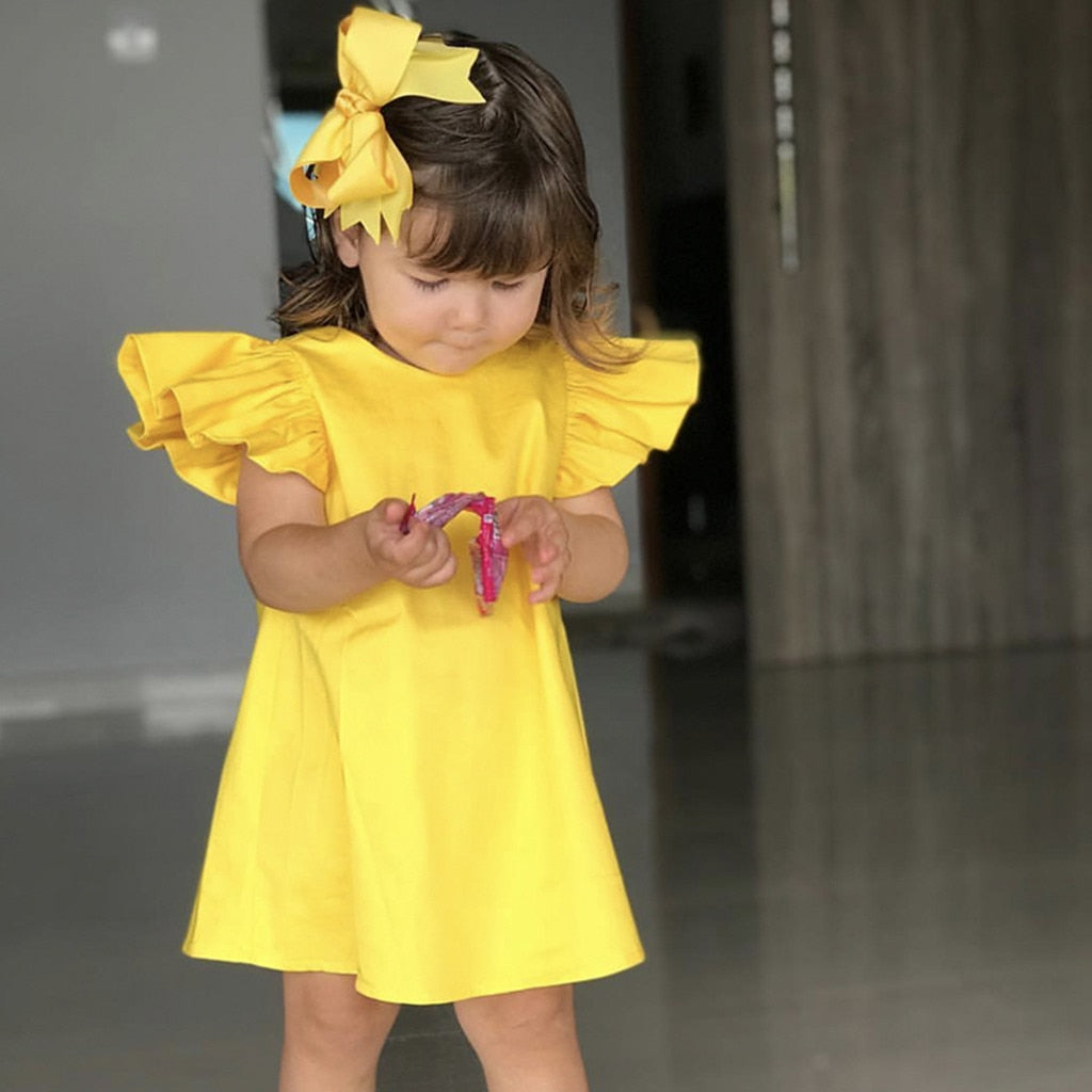 3M-24M Infant Dress 2022 Summer Fashion Cotton Yellow Fashion Kids Clothes Baby Girls Fly Sleeve Solid Bow Dress Clothes Dresses