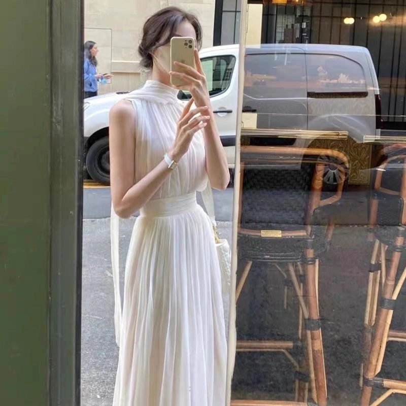 Summer Elegant Women&#39;s Long Dress Gentle High Collar Sleeveless Solid Chiffion Midi Dress Fashion Sexy Korea Sundress Plus Size