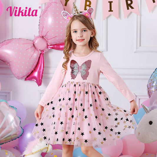 VIKITA Kids Dresses for Girls Long Sleeve Butterfly Girls Snowflake Sequins Costume Princess Dress Kids Daily Clothes