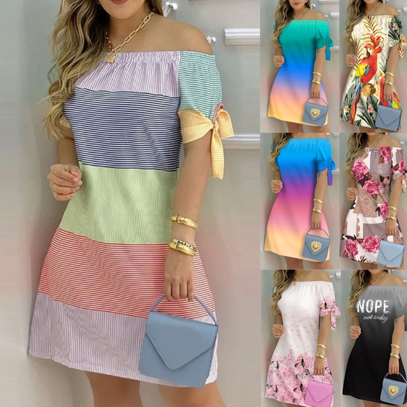 Women Off Shoulder Mini Dress Summer Casual Short Sleeve Bow Tie Striped Print Dresses Sexy Loose A Line Party Dress Vestidos