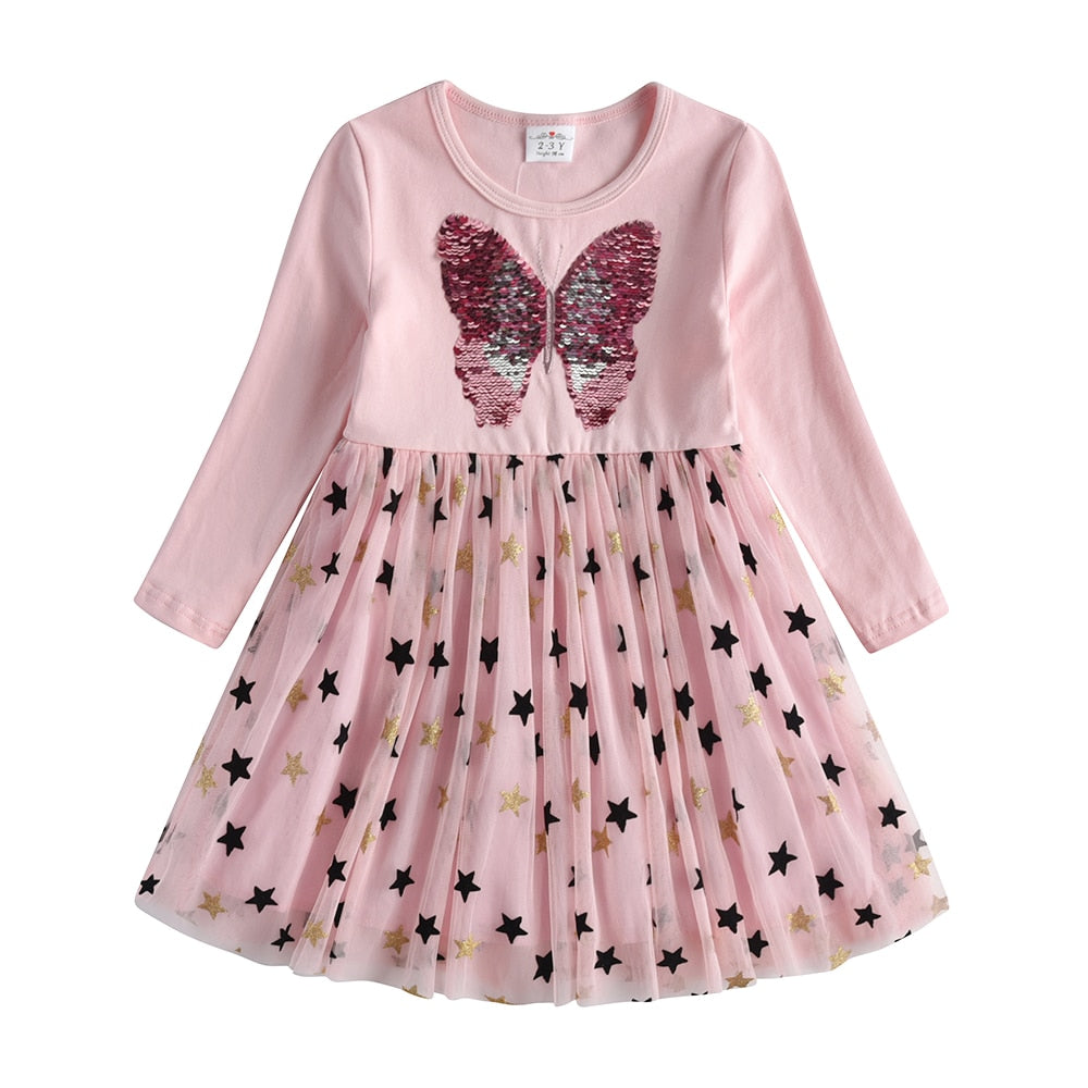 VIKITA Kids Dresses for Girls Long Sleeve Butterfly Girls Snowflake Sequins Costume Princess Dress Kids Daily Clothes