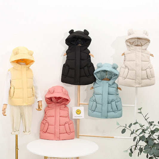 2-6Y Winter Warm Vest For Girls Boys Solid Sleeveless Jackets Children Thin Hooded Vest Kids Waistcoat Coat Insulated Clothes