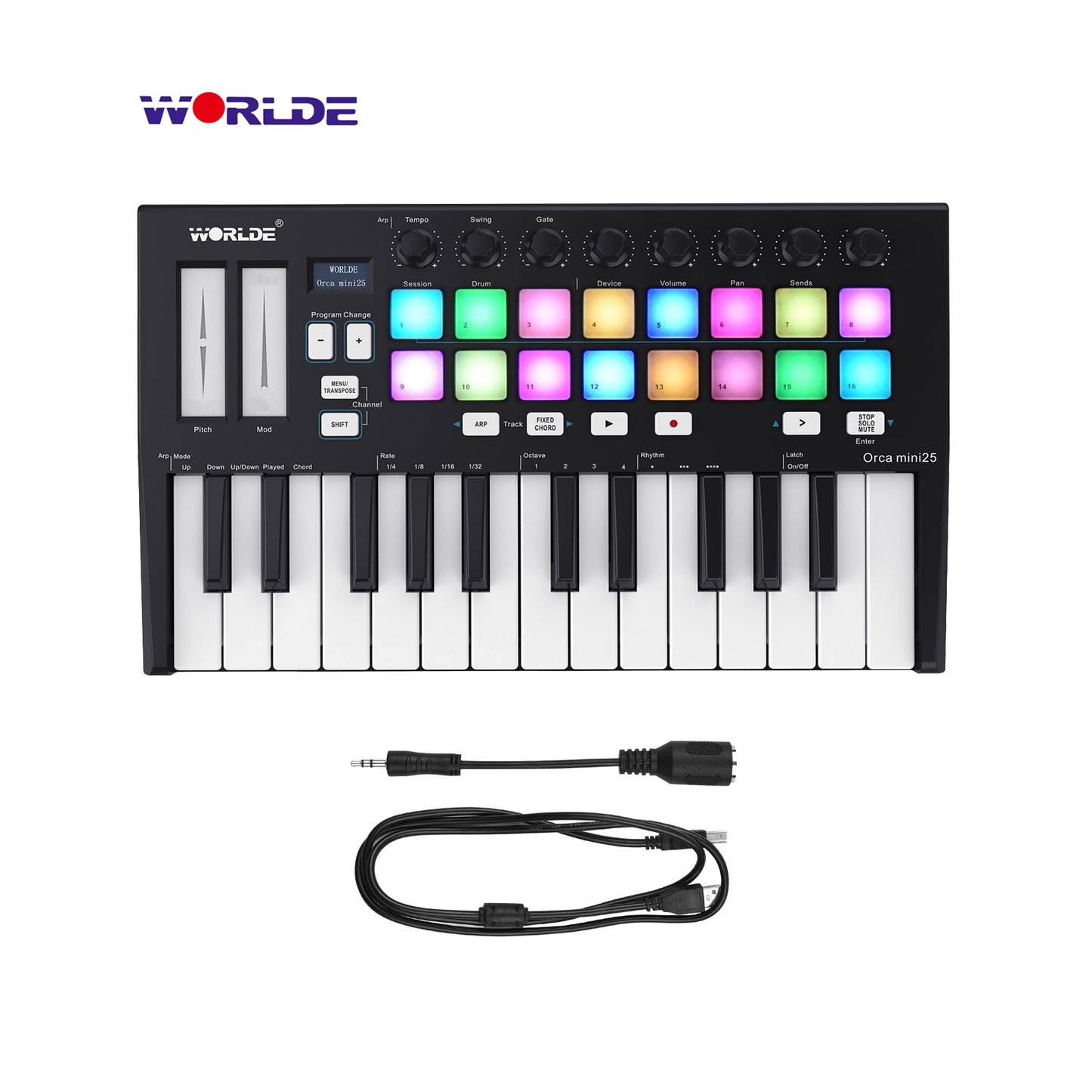 WORLDE Panda MINI II 25-Key USB MIDI Keyboard Controller USB MIDI Controller with 8 RGB Backlit Trigger Pads with RGB backlit