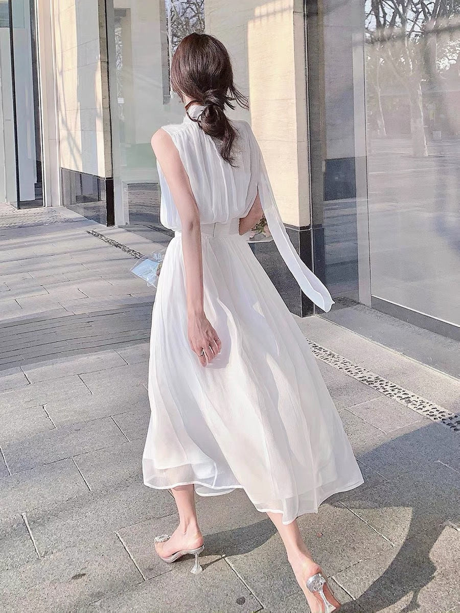 Summer Elegant Women&#39;s Long Dress Gentle High Collar Sleeveless Solid Chiffion Midi Dress Fashion Sexy Korea Sundress Plus Size