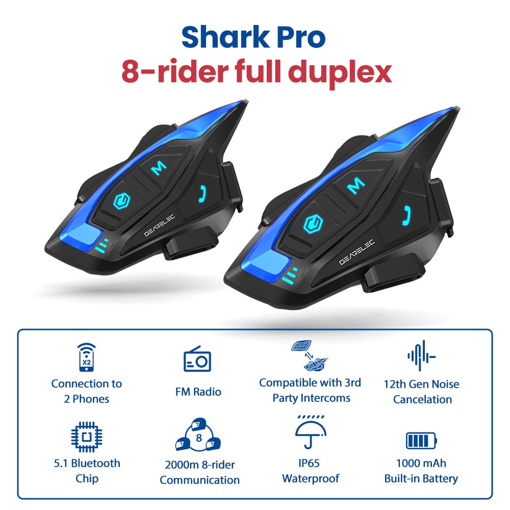 Motorcycle Helmet Intercom Headset Shark Pro BT 5.1 Full Duplex With DSP CVC Noise Reduction 8Riders 2KM Interphone Communicator