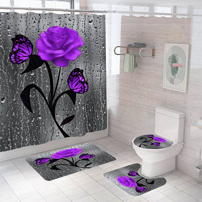 Blooming Flowers Rose Butterfly Shower Curtain Set Waterproof Bathroom Toilet Seat Cover Bath Non-Slip Mat Rug Carpet Bath Decor