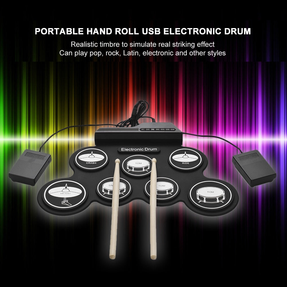 Digital Electronic Drum Set With Drumsticks Foot Pedals 7 Pads USB Portable Roll Up Silicone Drum Kit for Beginners Music Lovers