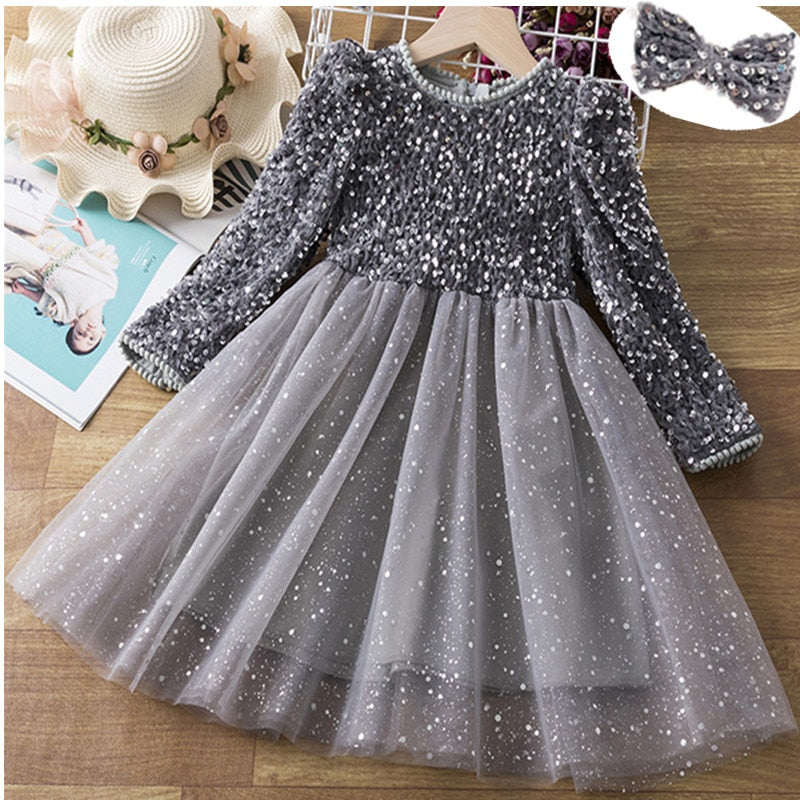 Sequin Girls Princess Party Dresses for 3-8 Yrs Kids Birthday Wedding Evening Prom Gown Spring Fall Long Sleeve Children's Dress