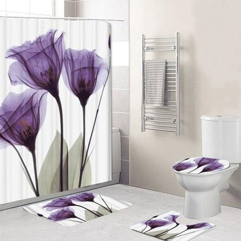 Blooming Flowers Rose Butterfly Shower Curtain Set Waterproof Bathroom Toilet Seat Cover Bath Non-Slip Mat Rug Carpet Bath Decor