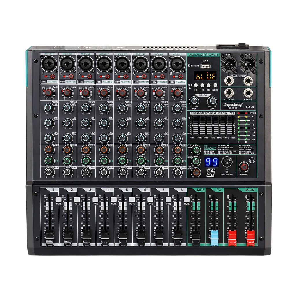 Professional Audio Mixer Depusheng PA8 Sound Board Console Desk System Interface 8 Channel Built-in 99 Reverb Effect