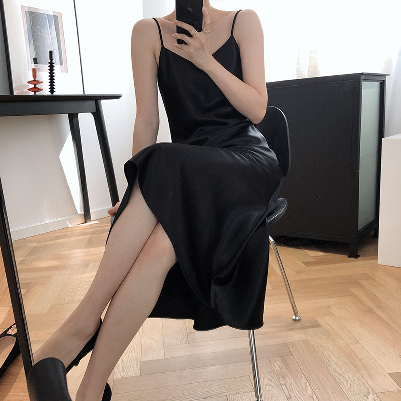 Summer Dresses Women 2022 Satin Silk Black Dress Solid Pajamas Lace Long Skirt Plus Size Girl Casual Dresses