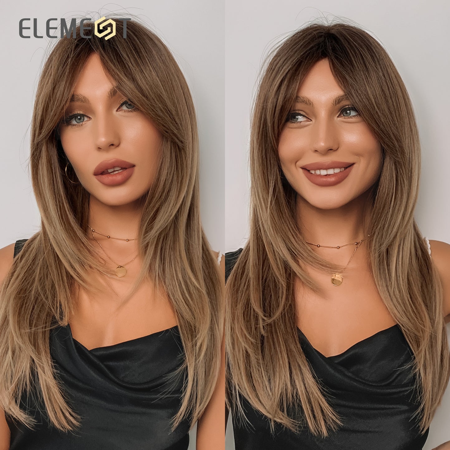 Element Synthetic Fiber Wigs for Women Long Straight Wavy Brown Blonde Wig with Bangs Heat Resistant Fashion Natural Daily Party