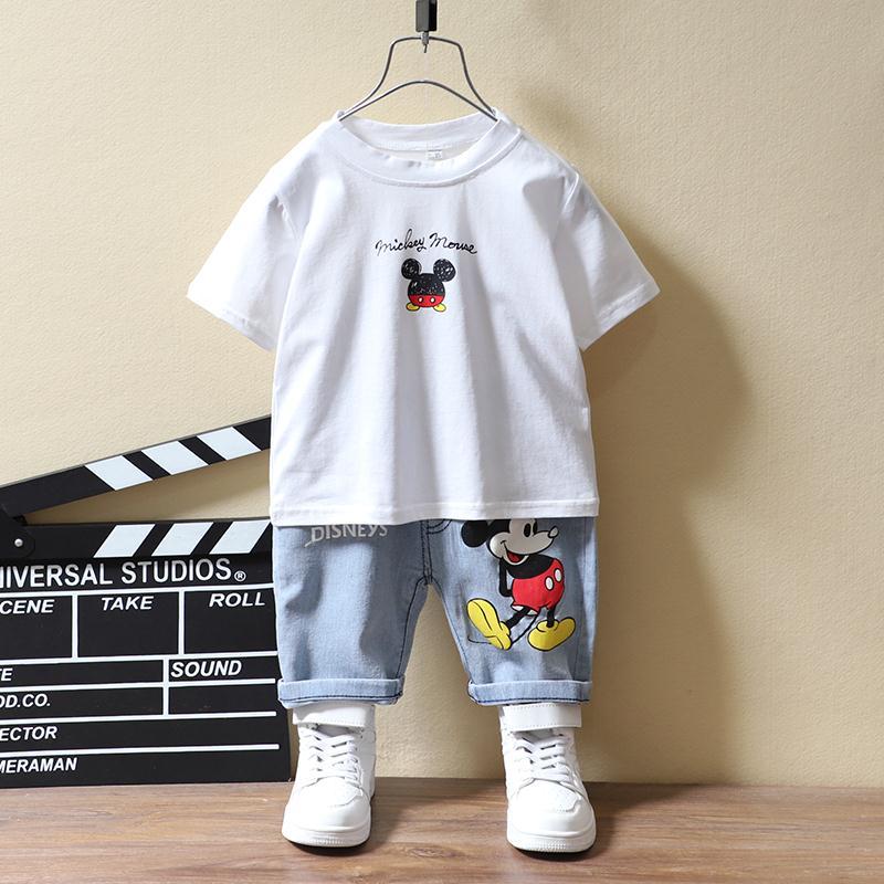 Baby Boys Clothing Fashion Mickey Mouse T-shirt+Jeans Sets Summer Kids Cotton Short Sleeve Denim Shorts Suits Children Clothes