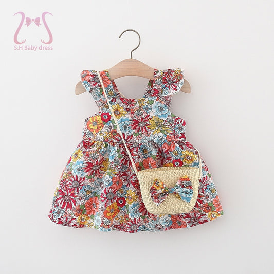2Pcs/Set Vintage Baby Girl Dresses Summer Cotton Thin Toddler Kids Costume Sleeveless Infant Children Clothes Send Bag 0 To 3 Y