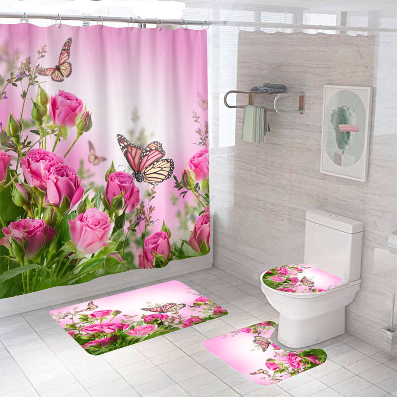 Blooming Flowers Rose Butterfly Shower Curtain Set Waterproof Bathroom Toilet Seat Cover Bath Non-Slip Mat Rug Carpet Bath Decor