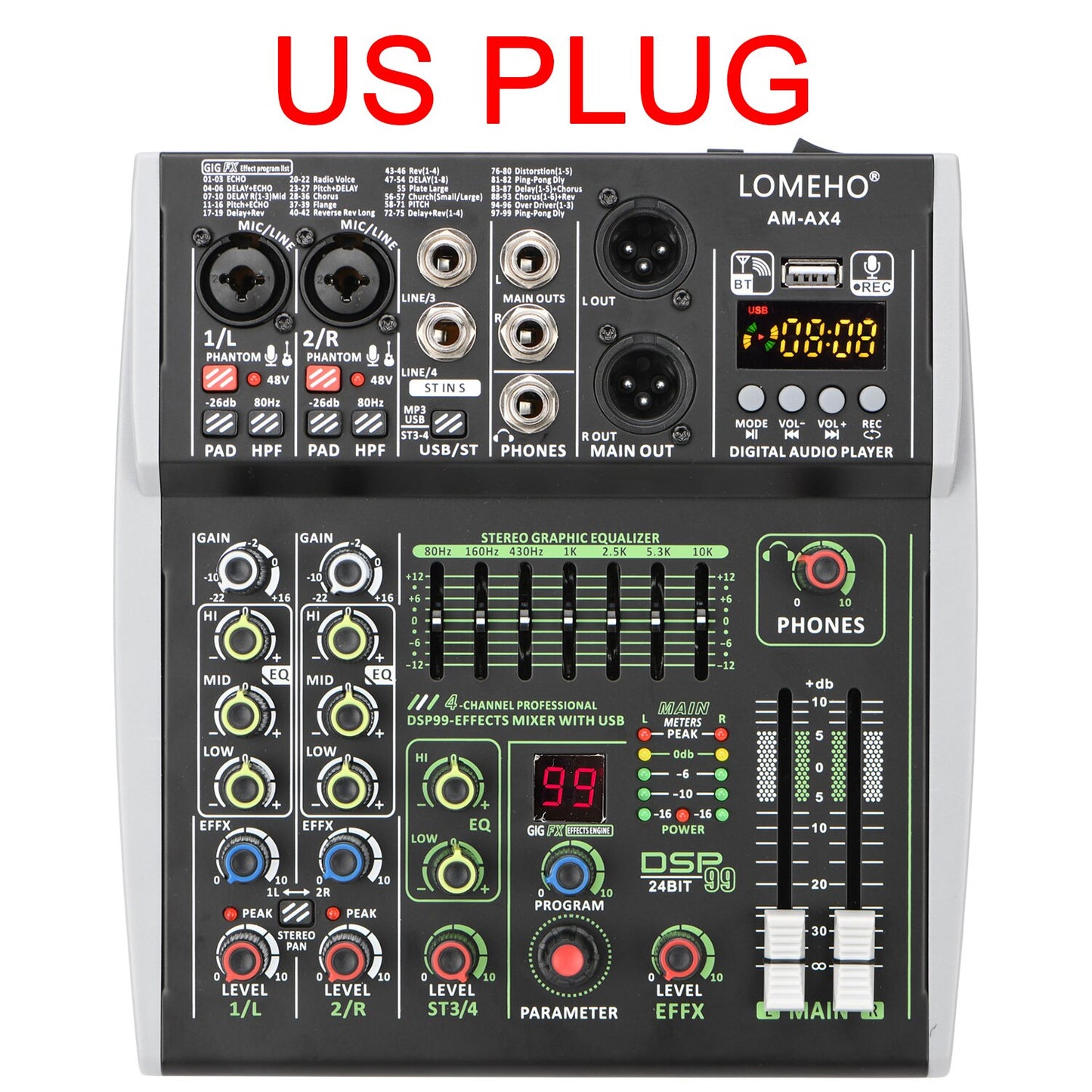 LOMEHO Mini 4 Channel Audio Sound Mixer Mixing Console Individual 48V 99DSP Effect Bluetooth USB Computer Play and Record AM-AX4