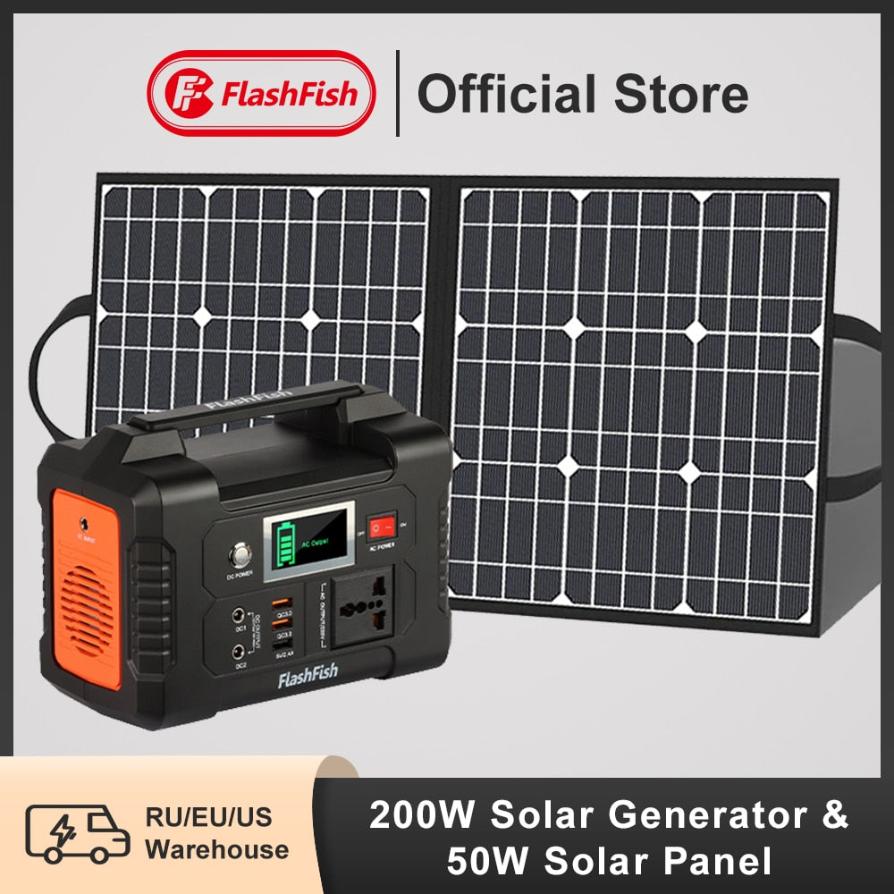 FF Flashfish Portable Power Station 200W 151Wh Solar Generator with Solar Panel 18V 50W, 230V Pure Sine Wave Power Outage SOS